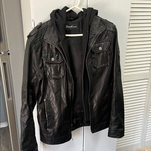 Black Leather Jacket with Hoodie